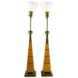 Pair Of Stiffel Walnut & Brass Obelisk Lamps