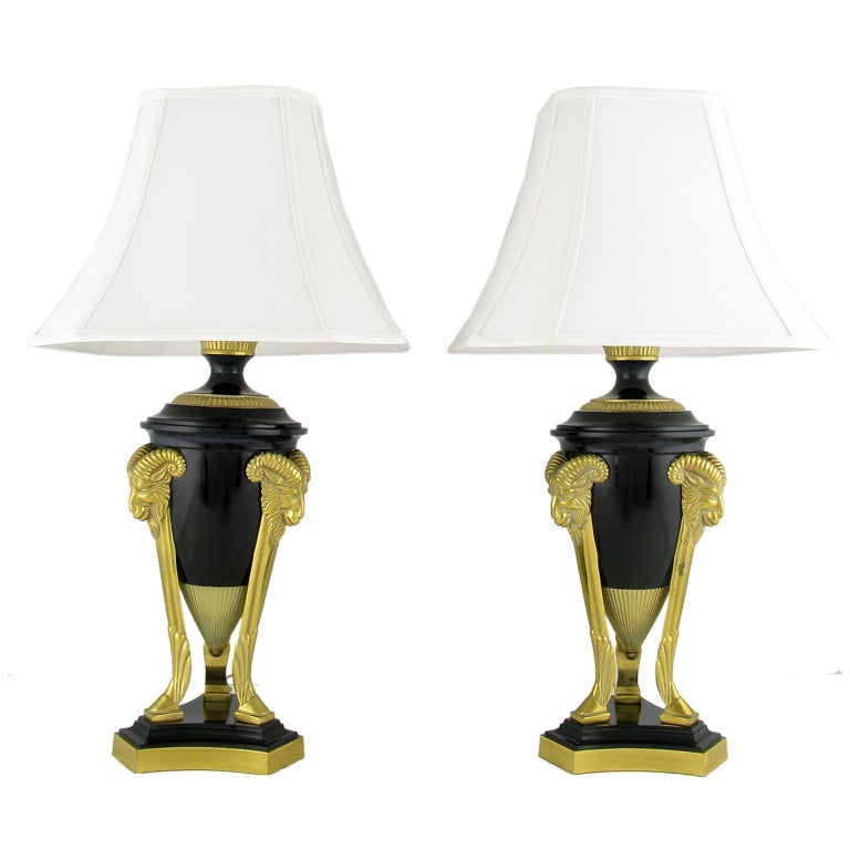Pair Empire Style Table Lamps With Rams' Head Brackets