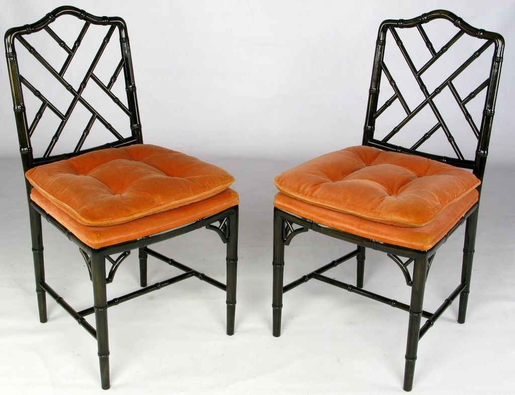 Beautiful pair of lacquered side chairs by New York furniture manufacturer to the trade, Cocheo Brothers. Marketed through the Marshall Fields Company. Faux bamboo frames with a fine ebony lacquer, seats are the original apricot velvet.