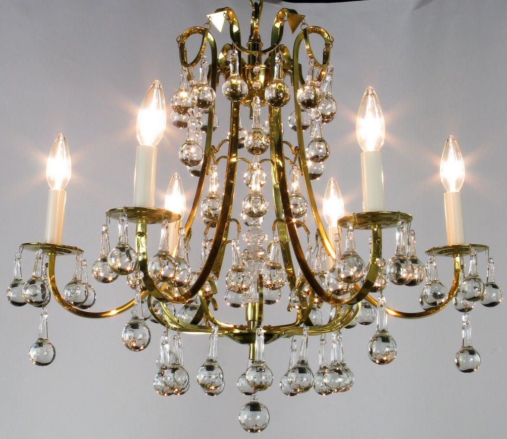 Rain Drop Crystal & Brass Six Arm Chandelier