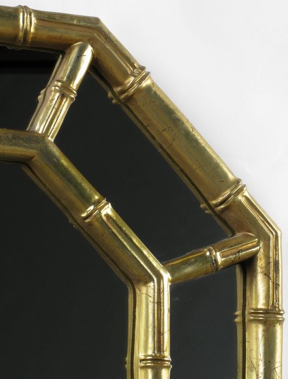 Wood Octagonal Bamboo Form Mirror In Patinated Gold Leaf
