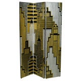 Art Deco Revival Cityscape Carved Wood Three Panel Screen