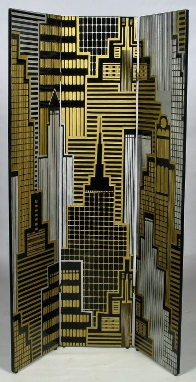 Art Deco Revival Cityscape Carved Wood Three Panel Screen