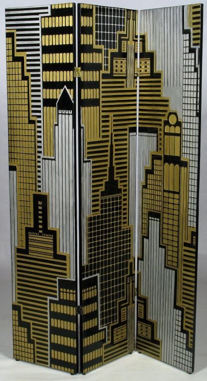 American Art Deco Revival Cityscape Carved Wood Three Panel Screen