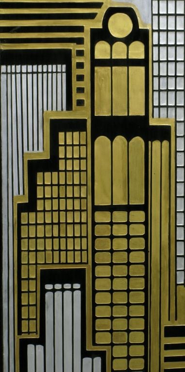 Art Deco Revival Cityscape Carved Wood Three Panel Screen 1