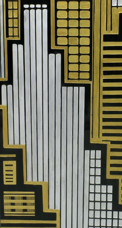 Art Deco Revival Cityscape Carved Wood Three Panel Screen 2