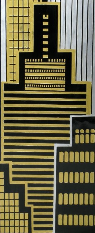 Art Deco Revival Cityscape Carved Wood Three Panel Screen 3