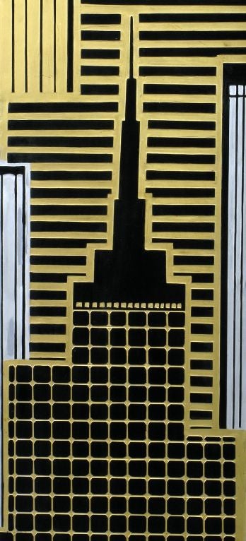 Art Deco Revival Cityscape Carved Wood Three Panel Screen 6