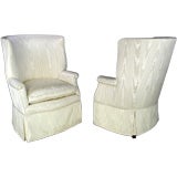 Sculptural Pair Of 1940s Barrel Back Wing Chairs In Ivory Moire'