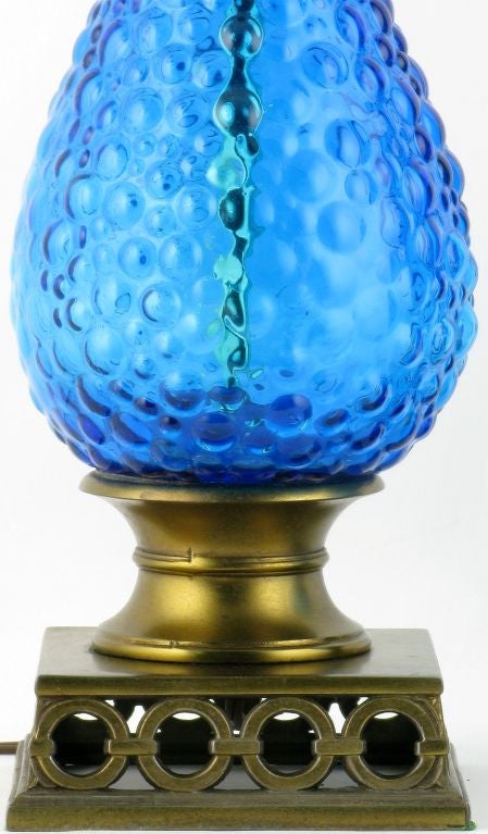 Italian Pair Bubble Textured Blue Glass Table Lamps With Brass Accents For Sale