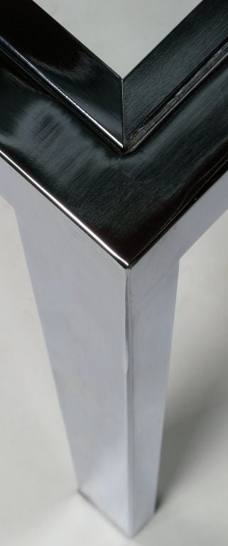 Glass Chromed Steel Parsons Style Dining Table In The Style of Milo Baughman For Sale