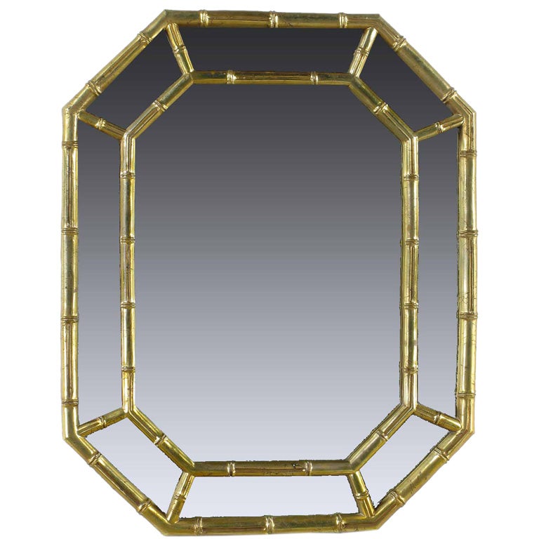 Octagonal Bamboo Form Mirror In Patinated Gold Leaf