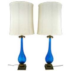 Pair Bubble Textured Blue Glass Table Lamps With Brass Accents 12