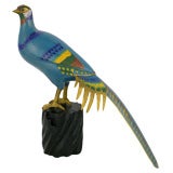 Stunning Polychrome Cloisonne Pheasant On Wood Mount