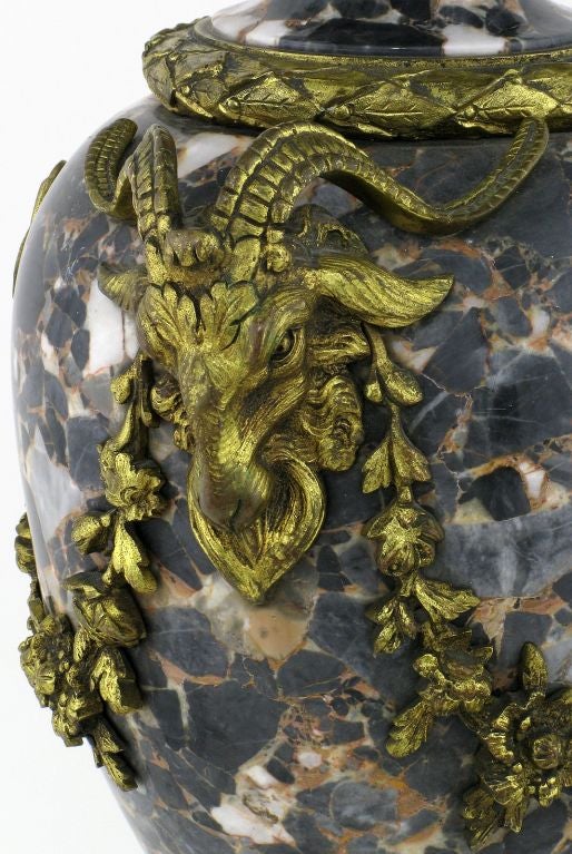 20th Century Marble Urn Form Lamp With Bronze Rams Heads And Ormolu