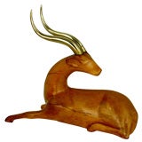 Carved Wood Gazelle With Brass Antlers