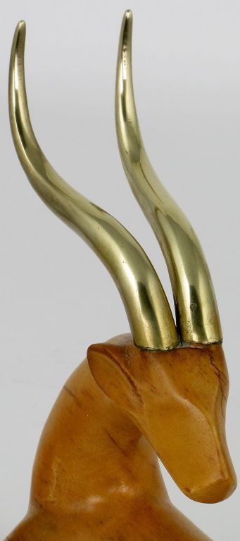 Late 20th Century Carved Wood Gazelle With Brass Antlers