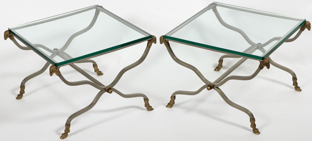 Pair 1940s Italian Steel & Brass Ram's Head & Hoof Tables