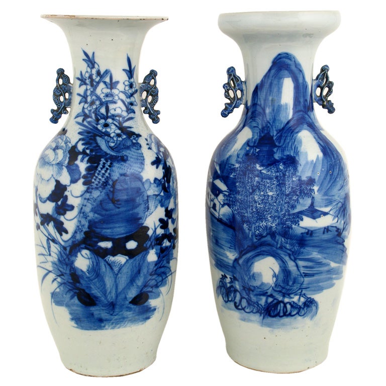 Pair Large Hand Painted Blue And White Chinese Ceramic Vases at 1stDibs
