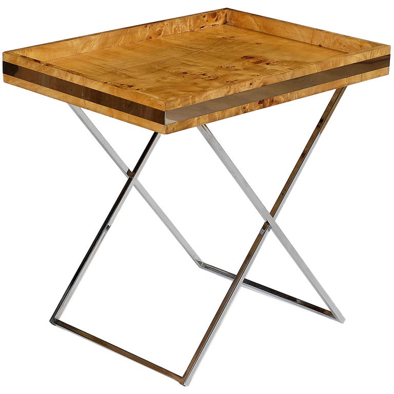 Milo Baughman Chrome & Burl Tray Table