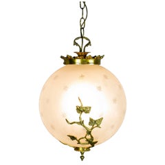 Spherical Etched  Glass Pendant Light Cradled In Brass Ivy Vines