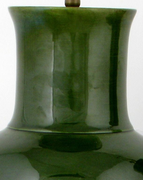Mid-20th Century Pair Of Dark Jade Green Ceramic Urn Form Table Lamps