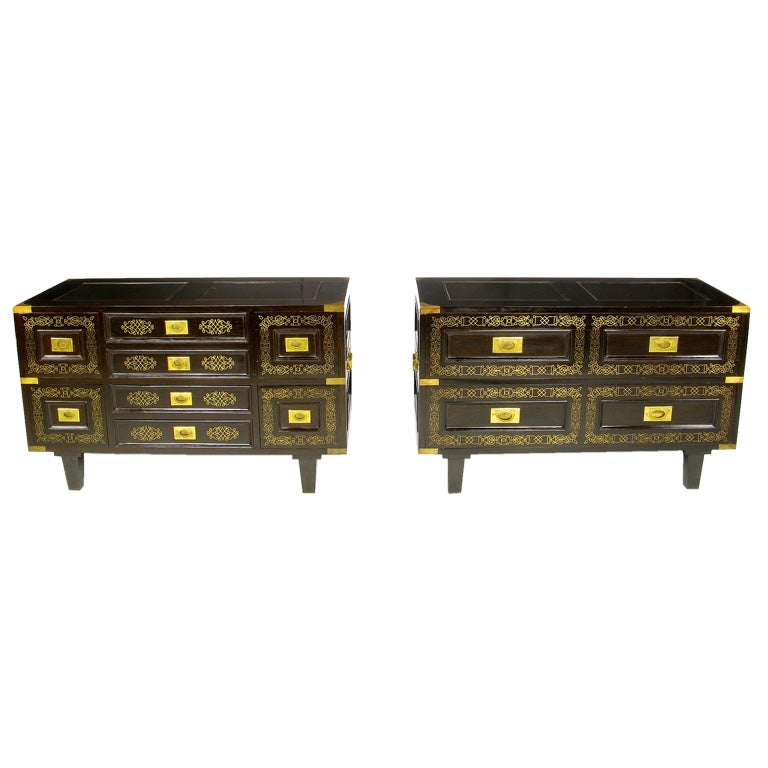 Pair Mahogany Campaign Commodes With Arabesque Brass Inlay