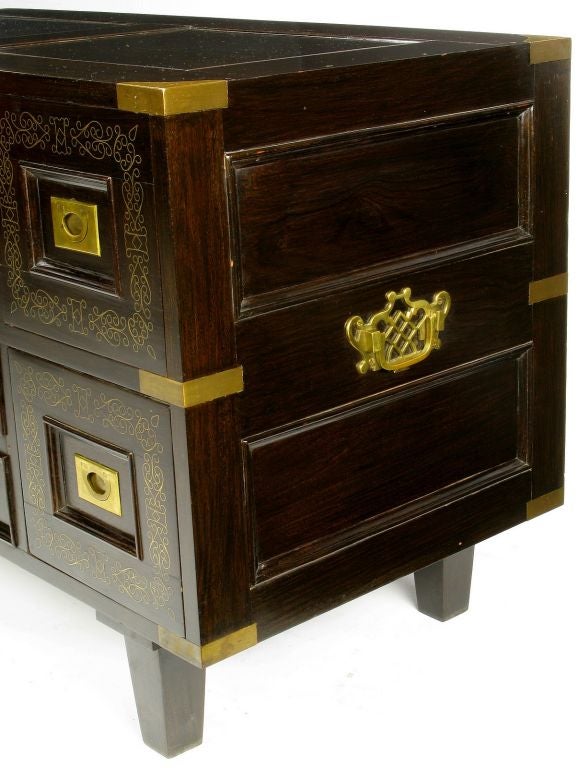 Pakistani Pair Mahogany Campaign Commodes With Arabesque Brass Inlay