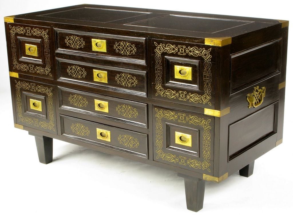 Pair Mahogany Campaign Commodes With Arabesque Brass Inlay 1