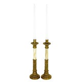 Pair Art Nouveau Brass And Onyx Candle Sticks