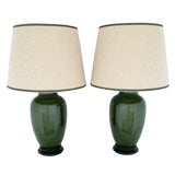 Retro Pair Of Dark Jade Green Ceramic Urn Form Table Lamps