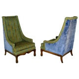 Pair Blue Velvet & Green Stripe Tall Back Arm Chairs