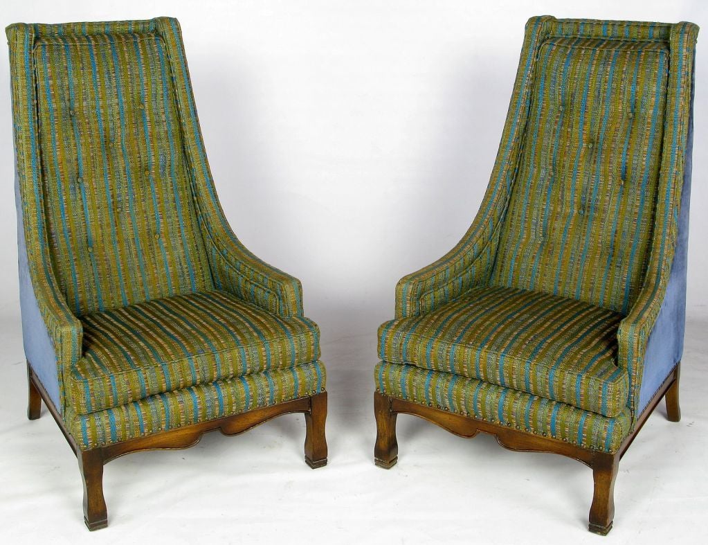 Pair Blue Velvet & Green Stripe Tall Back Arm Chairs