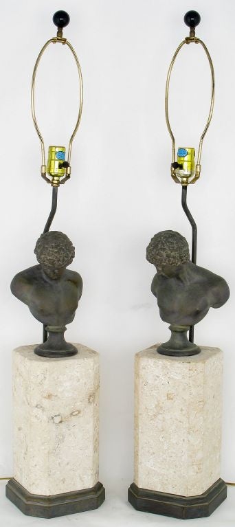 Bronze Grecian Bust & Marble Neoclassical Table Lamps