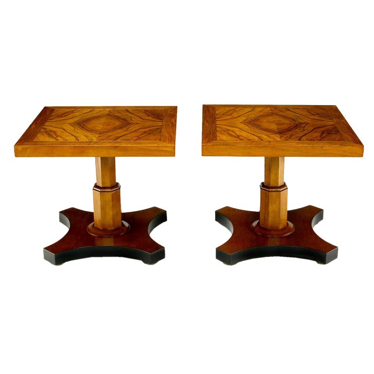 Pair Figural Bookmatched Walnut Side Tables From Baker