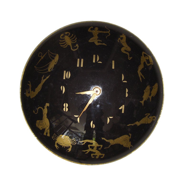 1940's reverse painted glass wall clock with Zodiac signs