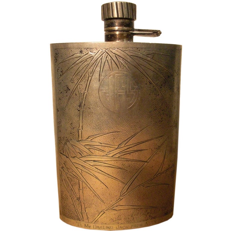 1920's chinese silver hip flask signed S K Wong