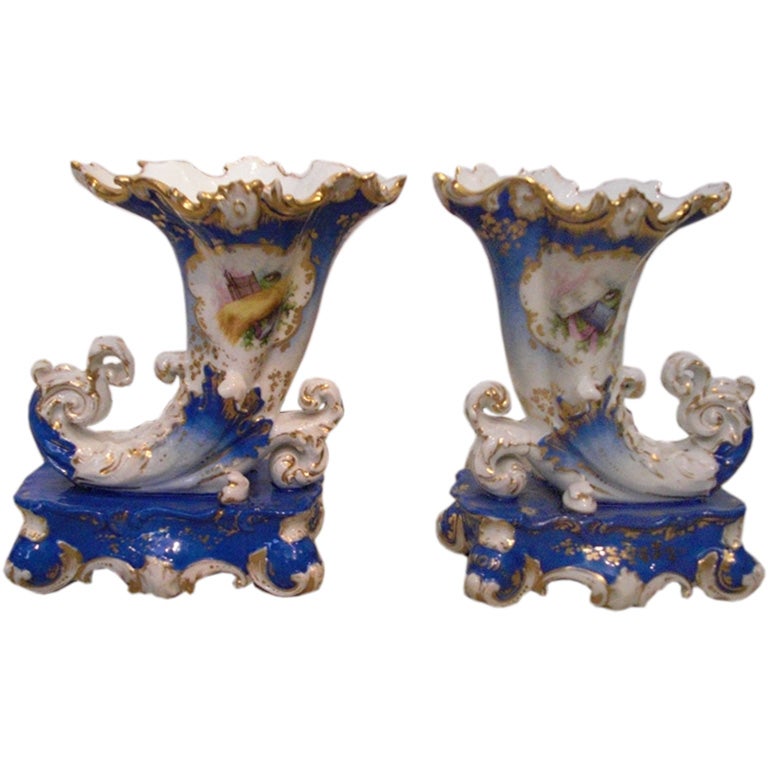 Pair of Paris porcelain cornucopia form vases by  Jacob Petit