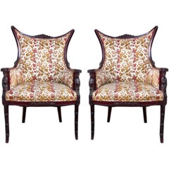 Pair of American 1940
s fireside armchairs with Asian theme