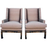 Great pair of 1940's/60's chinoiserie decorated wing chairs