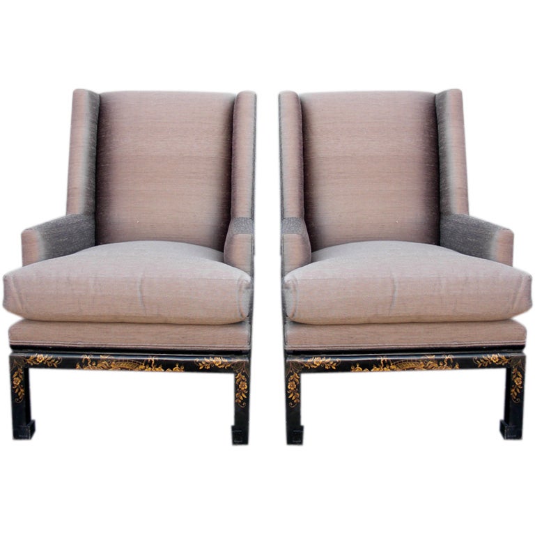 Great pair of 1940's/60's chinoiserie decorated wing chairs For Sale