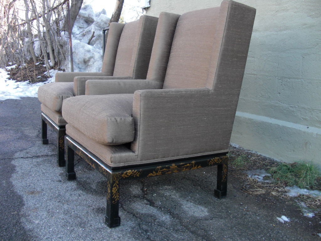 American Great pair of 1940's/60's chinoiserie decorated wing chairs For Sale