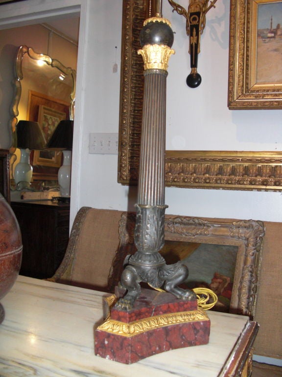 19th cent. bronze candelabra/lamp on red marble base