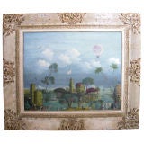 Whimsical surrealist oil on board by Carl Grunwald circa 1950
s