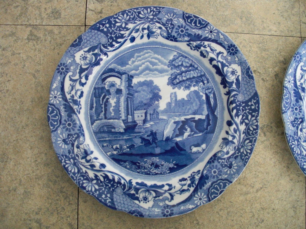 A set of 10 mid to late 19th century Copeland Spode porcelain dinner plates with blue and white transfer decoration. The pattern is called  