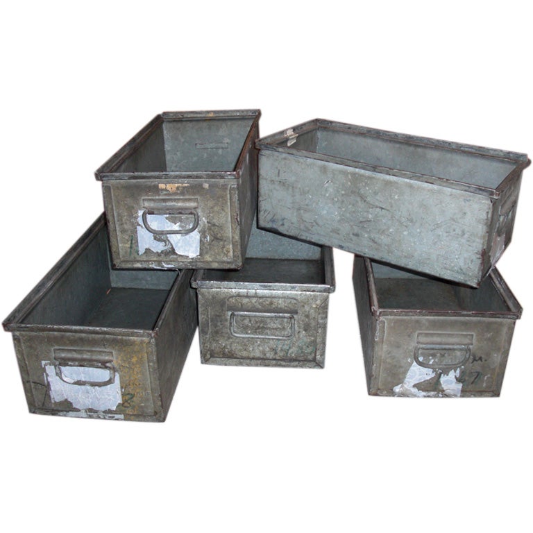 5 mid-century industrial  galvanized aluminum bins