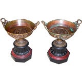 Pair of 19th century Bronze tazzas on marble bases Pair of 19th century Bronze tazzas on marble bases