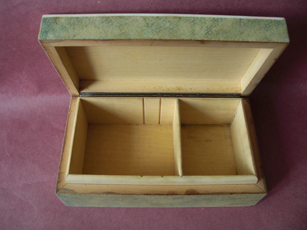 An English shagreen and ivory box with an adjustable interior divider. Reference is P6. part of a collection