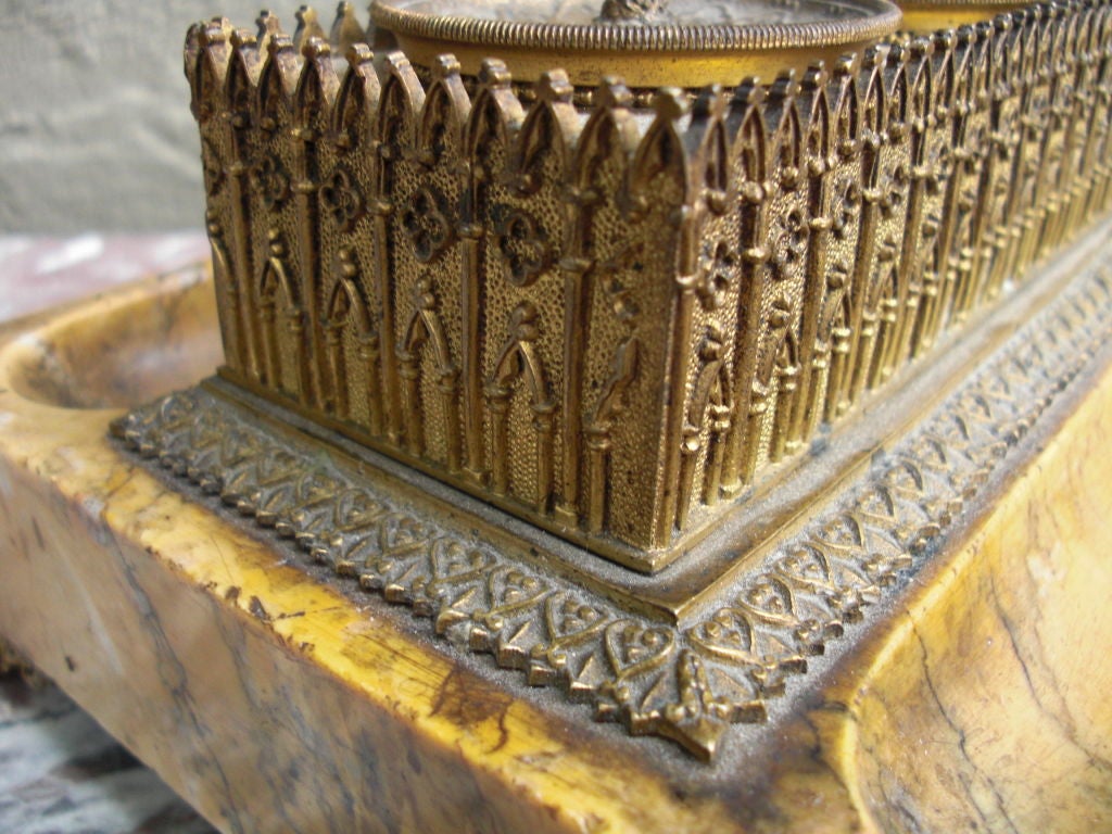 Fine gothic revival bronze and marble double inkwell