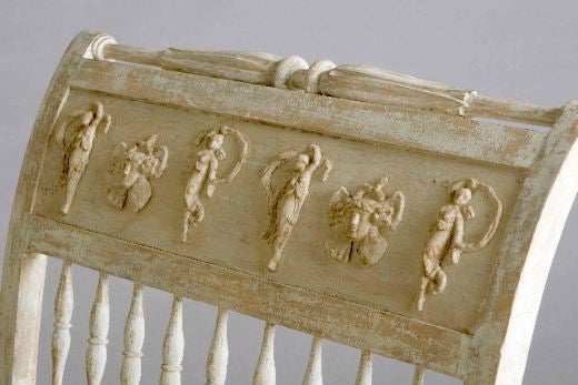 A bench from Lindome, Sweden.  Dryscraped to original surface with classical carving motifs on both ends.  Stamped with the mark of maker Johannes Andersson. Re-upholstered and covered with muslin.